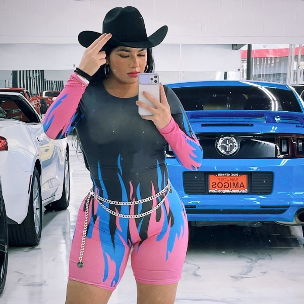 Fashion Nova Pink, dark gray and blue jumó suit